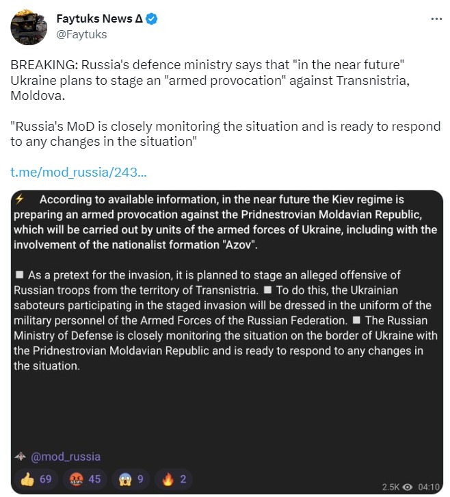 Russia has flagged an "armed provocation" against Transnistria, Moldova